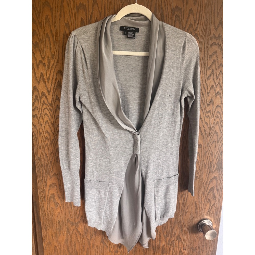 Etcetera Womens Grey Mixed‎ Media Shawl Collar Cardigan Sweater Sharkbite Hem S
